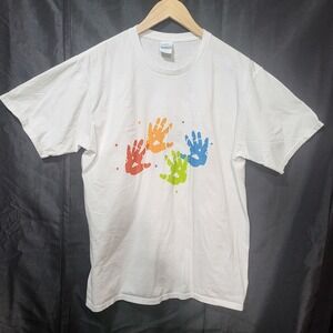 Port & Company Mens White Handprint Graphic T-Shirt Large Ring Spun Cotton Tee